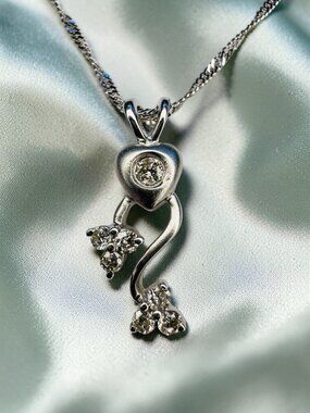 14K White Gold Natural Diamond Heart Necklace -16" Fine Diamond Necklace -2.1g